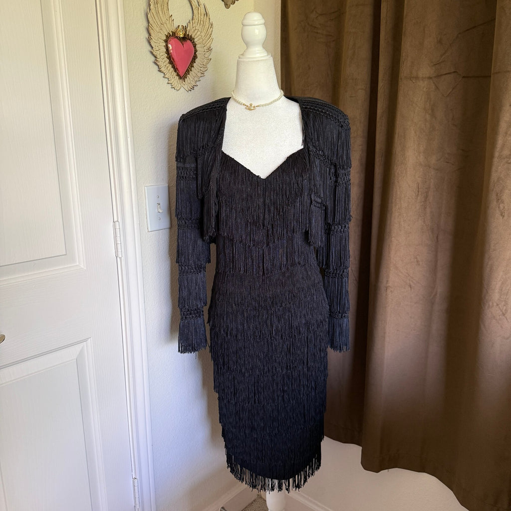 Cache Gold Label Vintage 1980's Fringe Midi Dress with Matching Cardigan