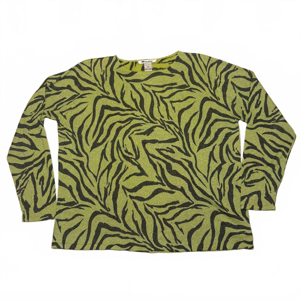 Peter Nygard Collection Womens 2X Green and Black Zebra Print Silk Blend Sweater