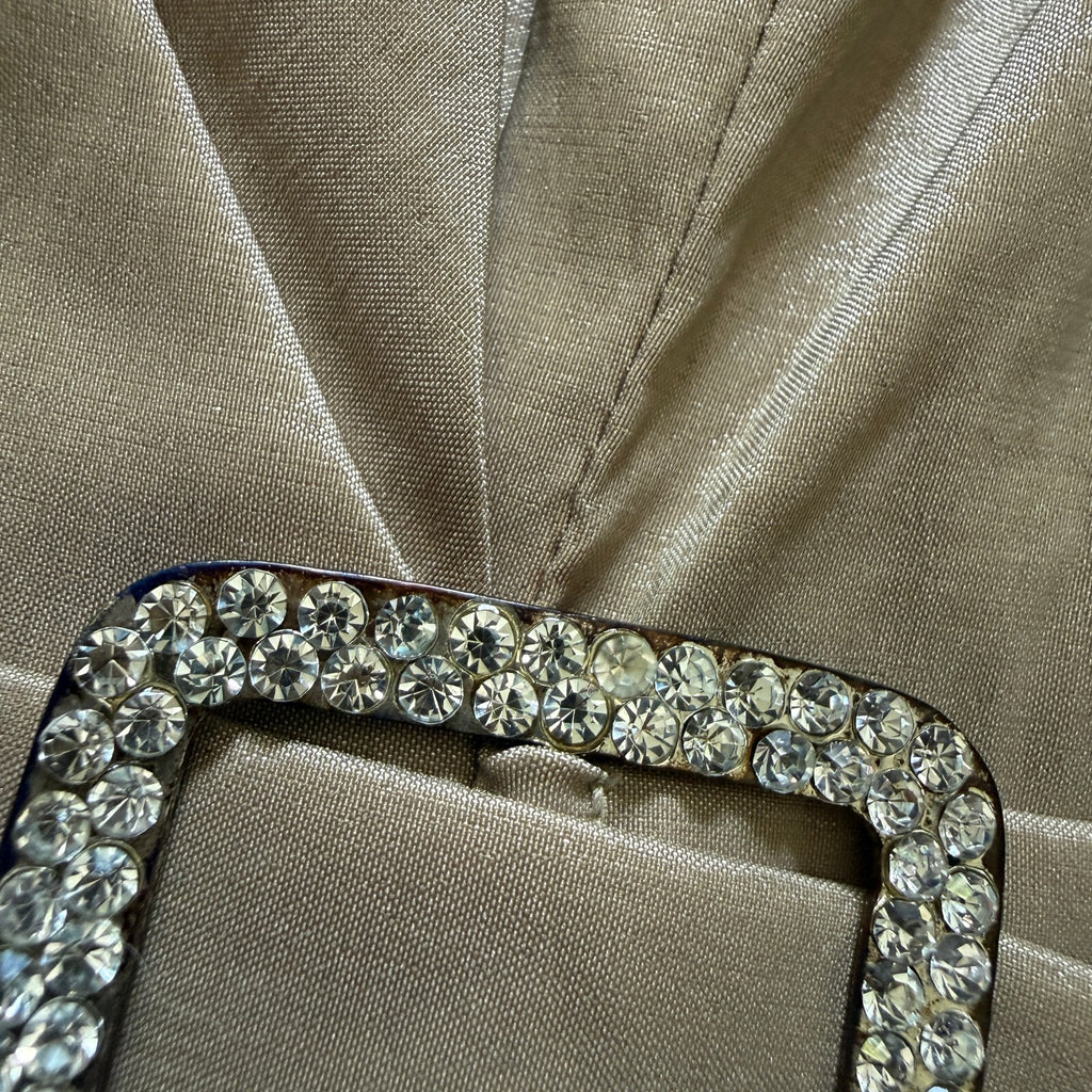 thriftalina Alex Evenings Women's Metallic Gold Belted Peplum Blouse Size Small Rhinestone