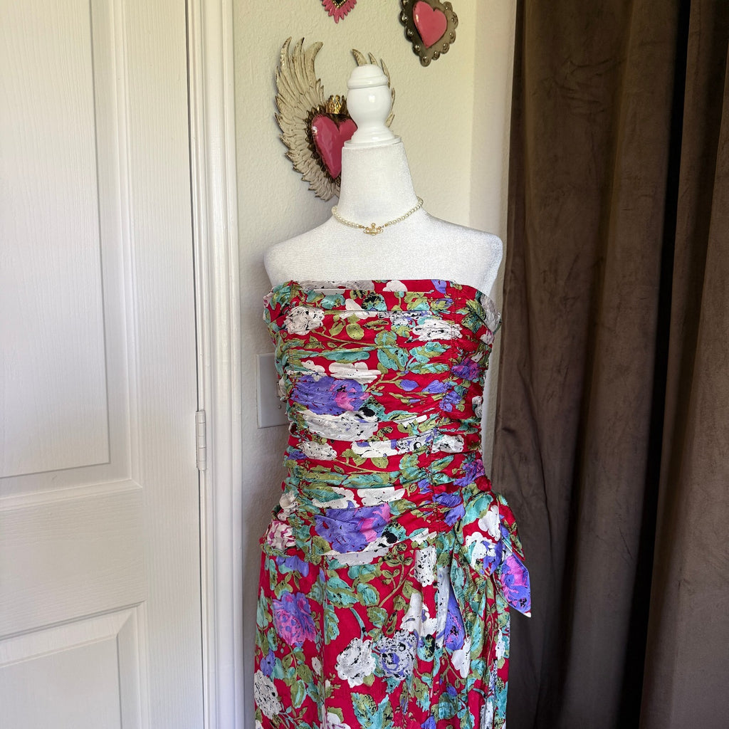 Vintage Silk Party Dress Strapless Frock 1980s Maddy London Red White Purple