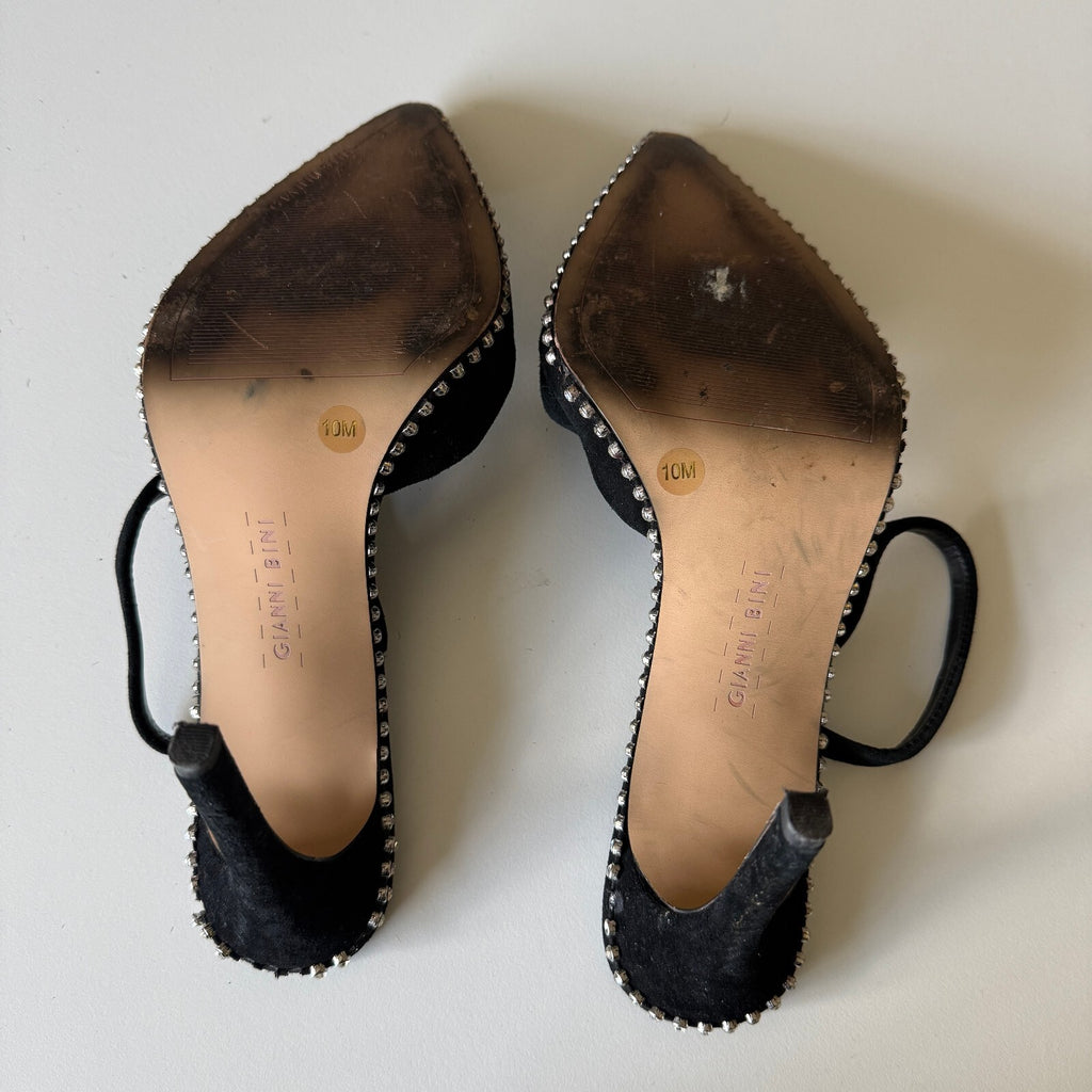 Gianni Bini Black Suede Rhinestone Trim Slingback Pointed Heels Sz 10