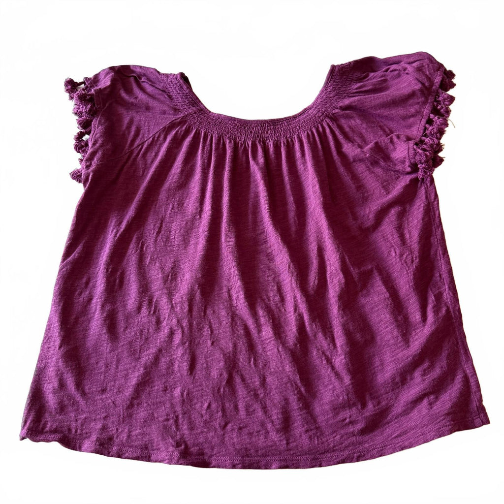 Neiman Marcus Purple Pom-Pom Detail Smocked Fringe Sleeve Boho Festival Blouse