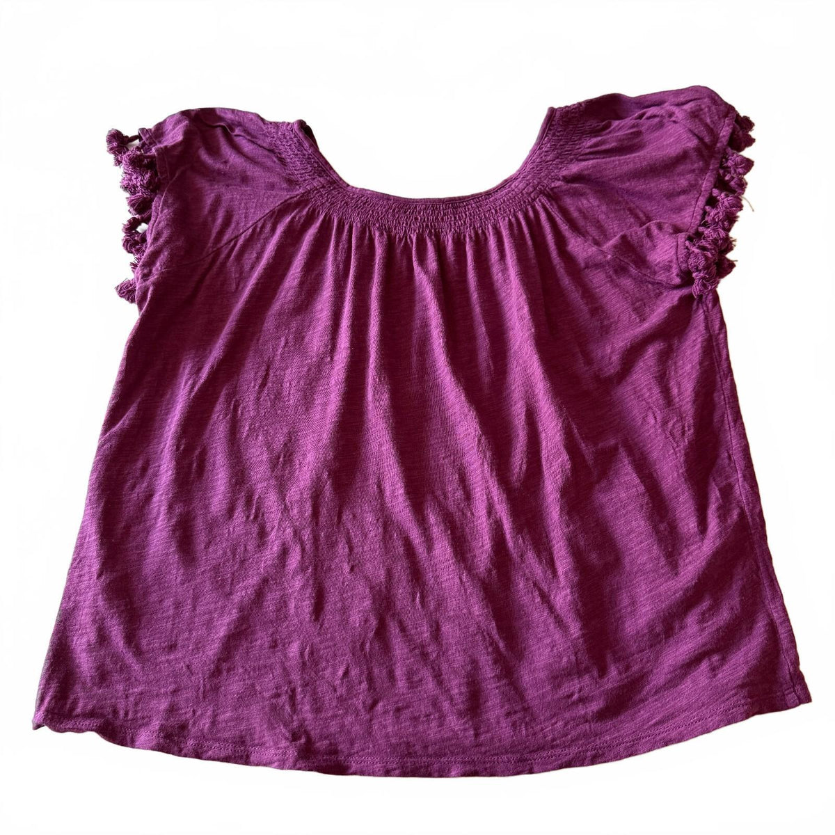 Neiman Marcus Purple Pom-Pom Detail Smocked Fringe Sleeve Boho Festival Blouse