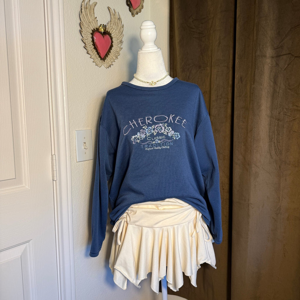 Vtg 90s Cherokee Cozy Floral Fisherman Embroidered Crewneck Sweatshirt Grandma