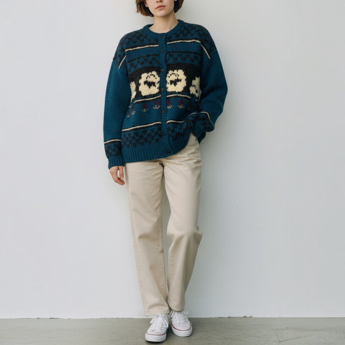 Vintage Woolrich Woman 100% Wool Blue Cardigan Sheep Detail