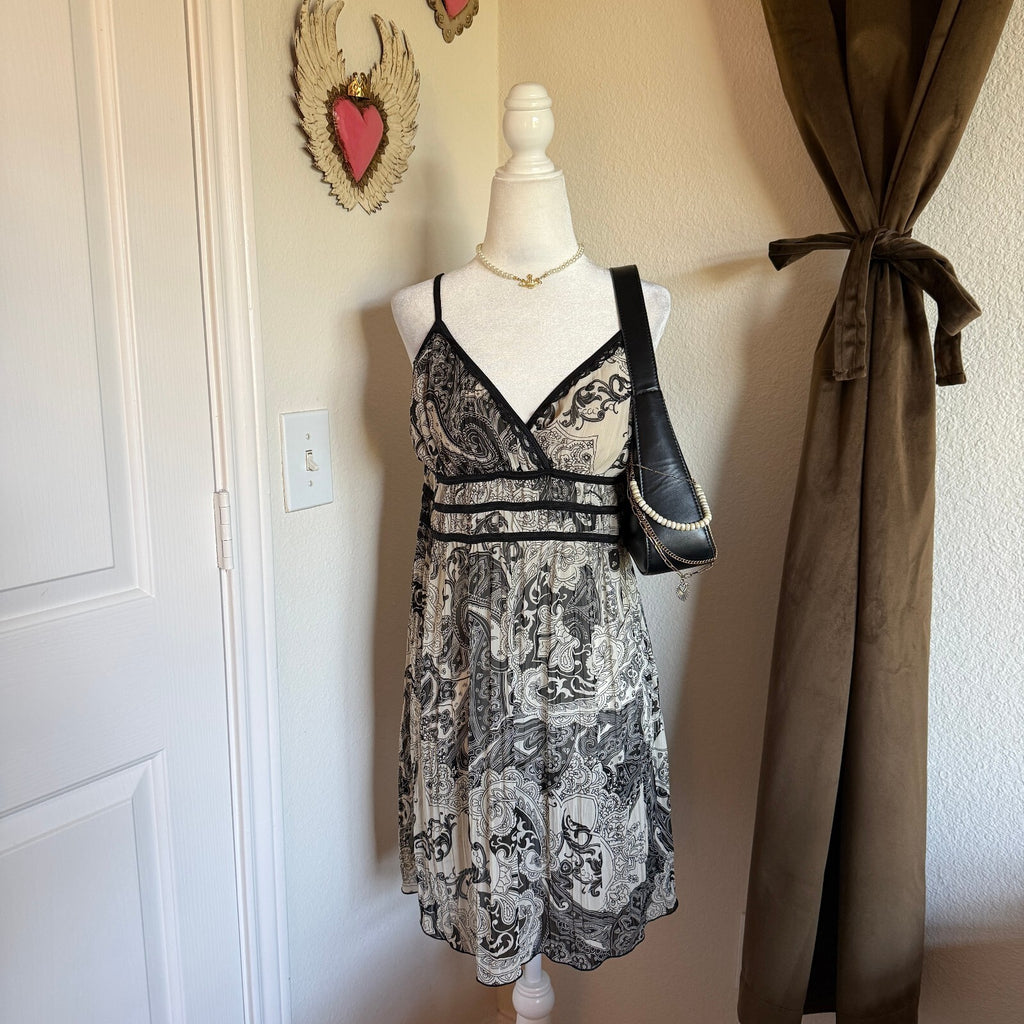 Linea Donatella Whimsigoth Coquette Black and White Paisley Slip Dress Ruffled