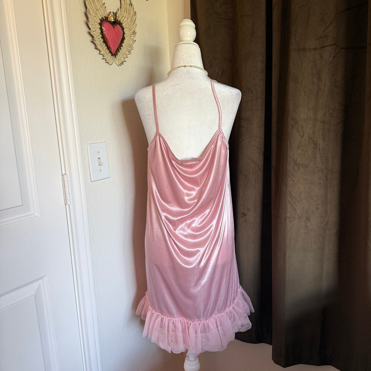 Melody Ballerina Pink Coquette Girly Satin Slip Dress with Ruffled Hem Sz Large