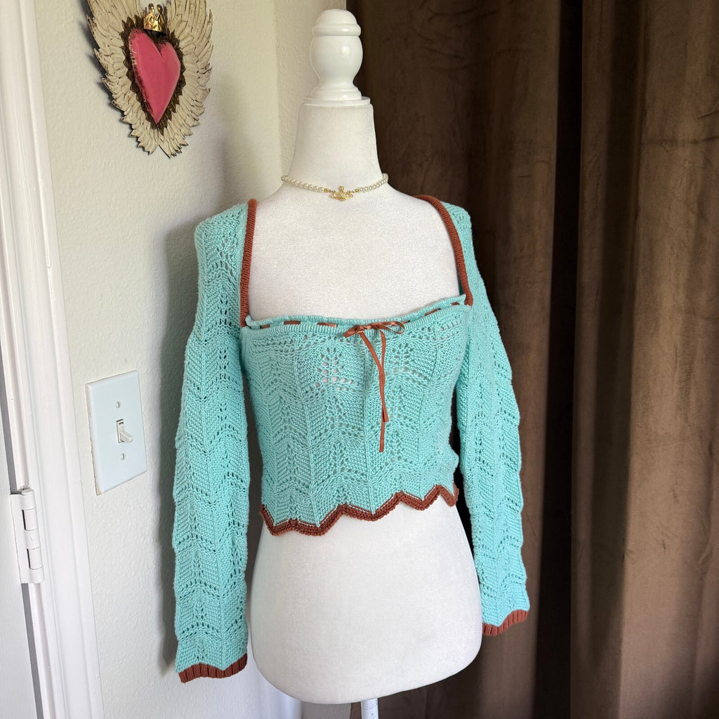 Urban Outfitters Women's Mint Green Crochet Knit Sweater with Brown Trim, Size S