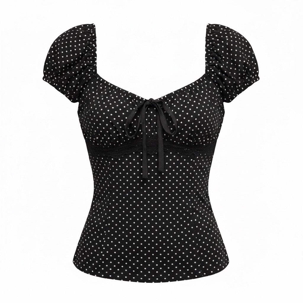 thriftalina Mixed Threads Los Angeles Black Polka Dot Puff Sleeve Top Coquette Girly Trendy