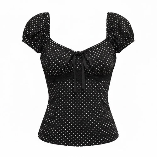 thriftalina Mixed Threads Los Angeles Black Polka Dot Puff Sleeve Top Coquette Girly Trendy