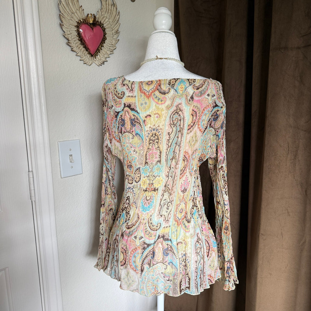 Alberto Makali Vintage-Inspired Long Sleeve Pleated Paisley Blouse in Pastel Mix