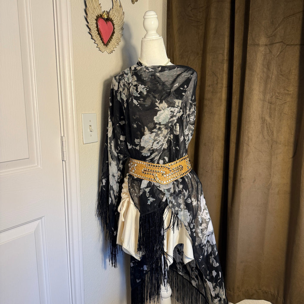 Black Floral Sheer Fringe Piano Shawl Scarf Wrap Poncho Boho Stevie Nicks O/S