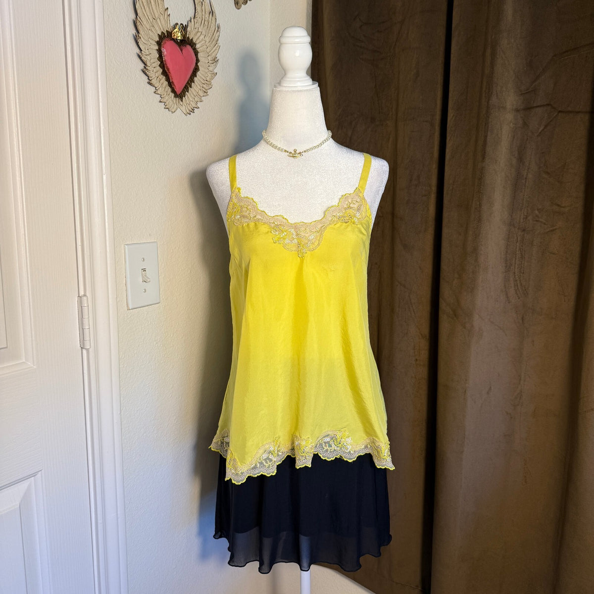 Express Silk Cami Top Bella Swan Banana Yellow Lace Trim Y2K Fairycore Sz Small