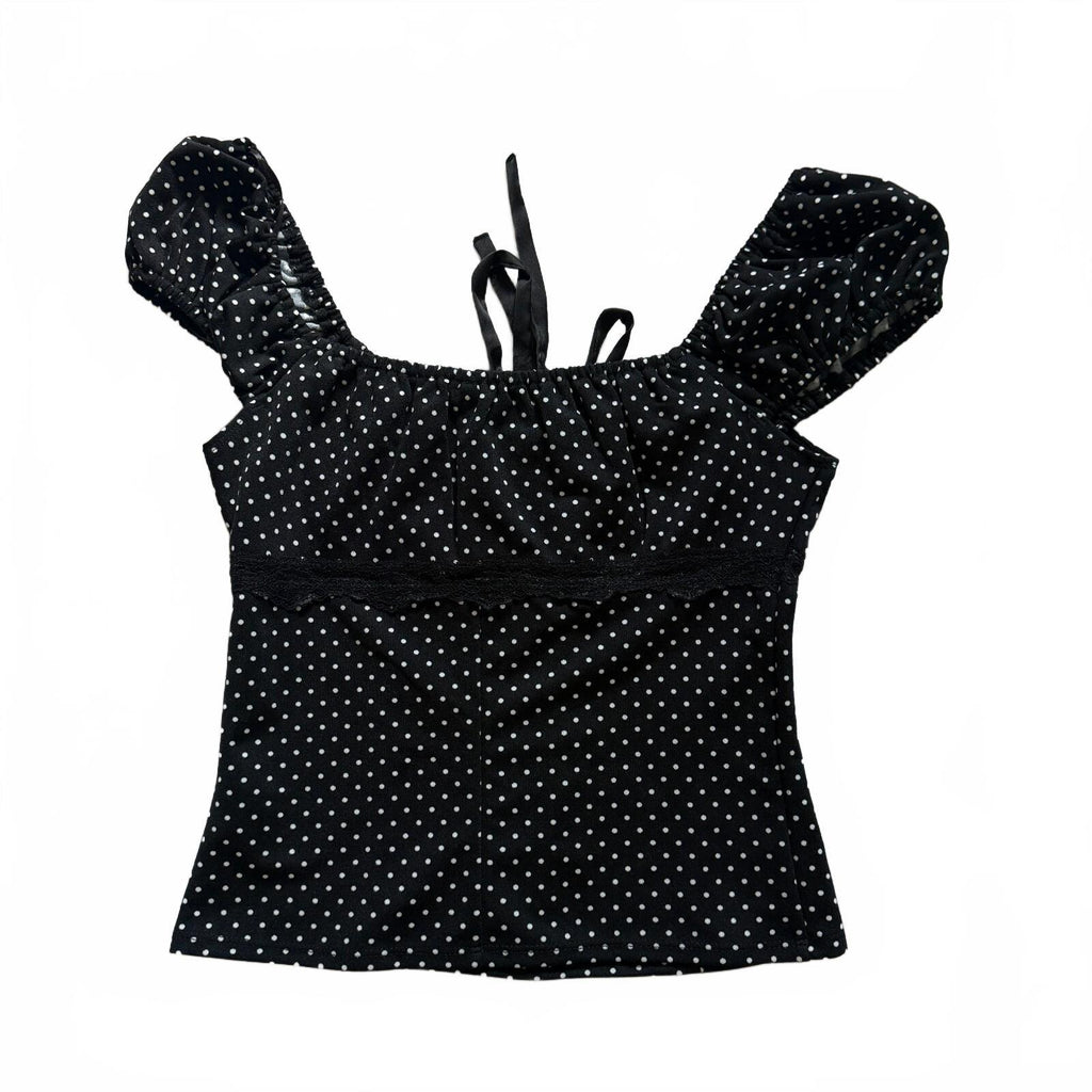 thriftalina Mixed Threads Los Angeles Black Polka Dot Puff Sleeve Top Coquette Girly Trendy
