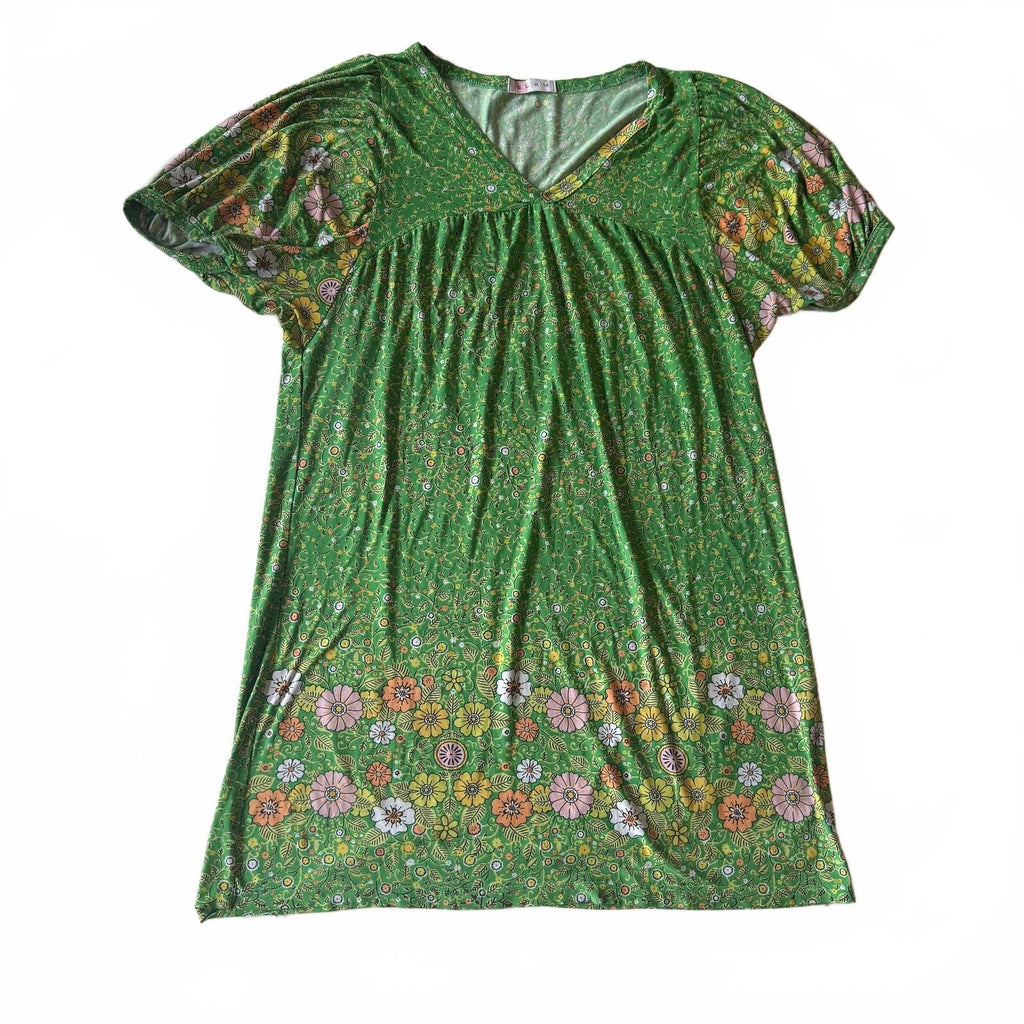 GLAM Green Floral V-Neck Short Puff Sleeve Dress, Lightweight Casual Summer