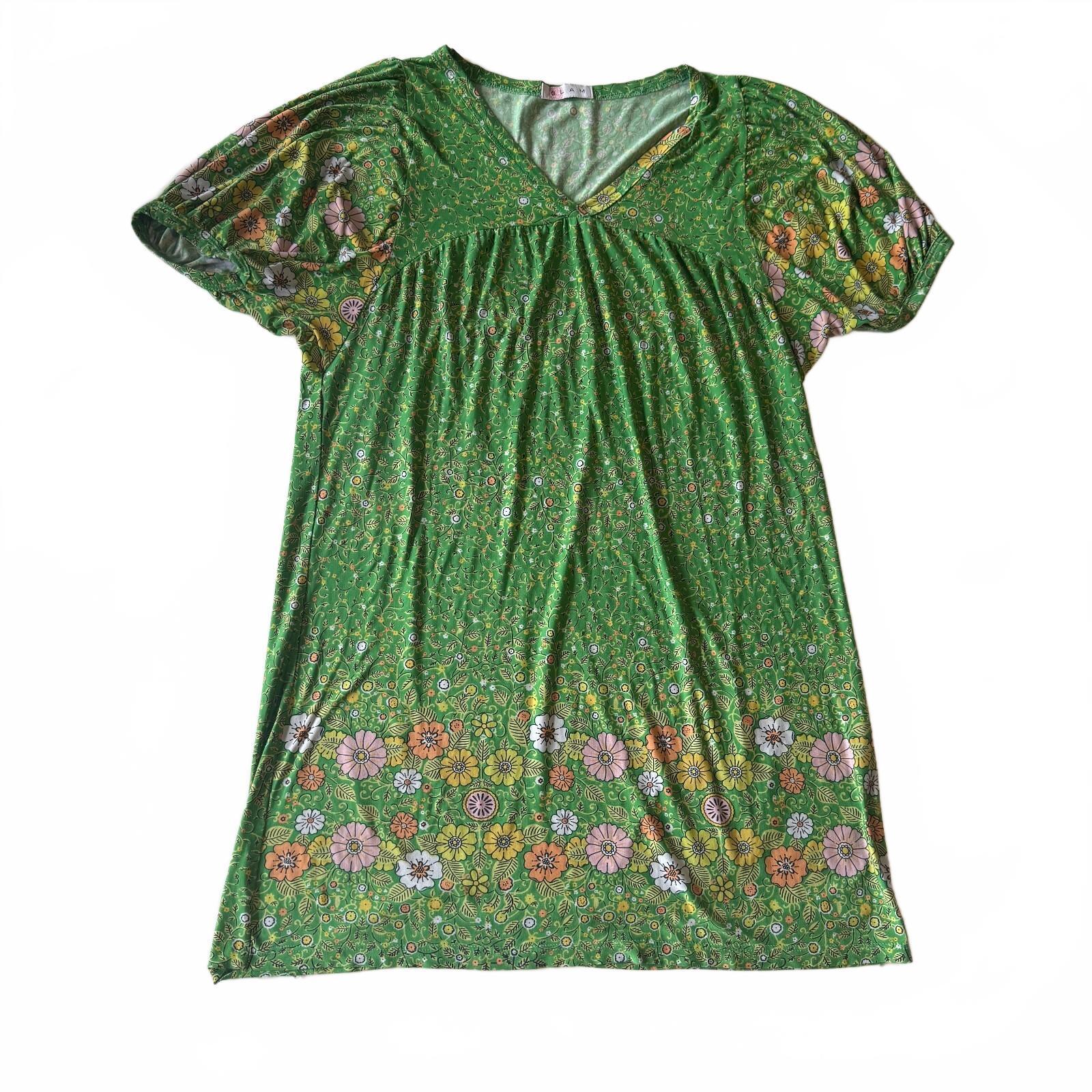 GLAM Green Floral V-Neck Short Puff Sleeve Dress, Lightweight Casual Summer