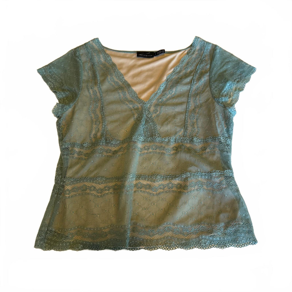 The Limited Lace Trim Blue Wrap Top Mesh Bella Swan Coquette Fall Back to School