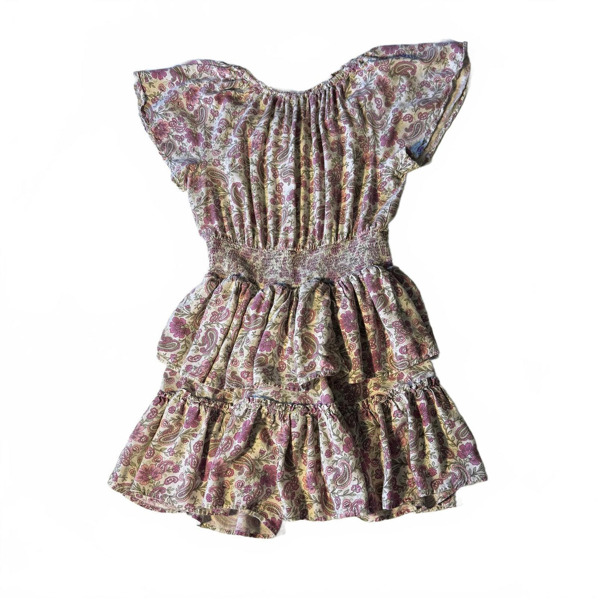 thriftalina Patrons of Peace Boho Floral Smocked Tiered Peplum Mini Dress Cottagecore