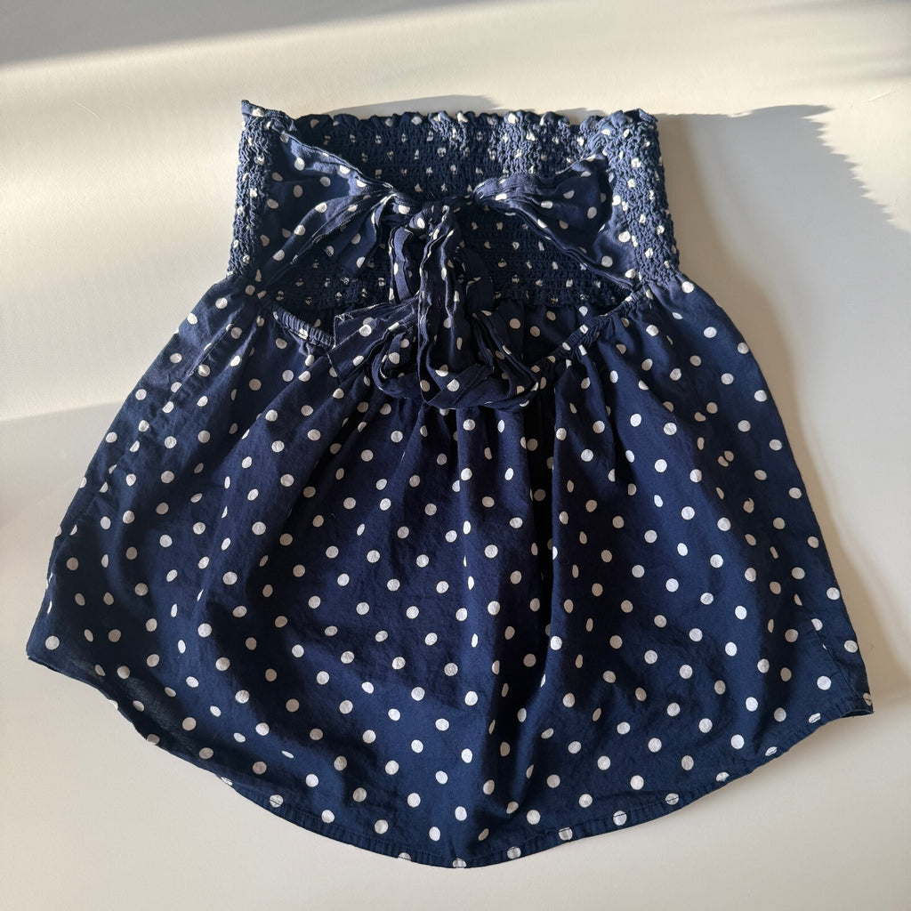 Calliope Navy Blue Polka Dot Strapless Smocked Top with Back Tie, Size Large