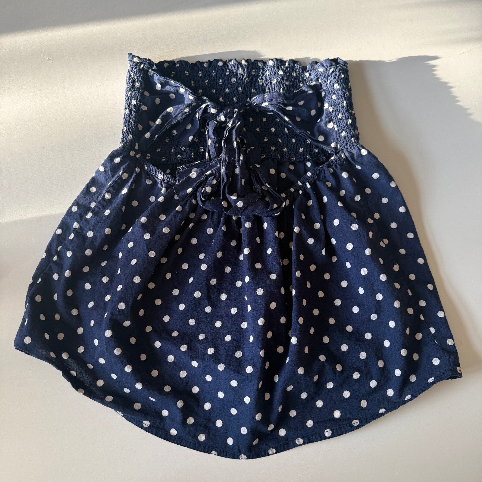 Calliope Navy Blue Polka Dot Strapless Smocked Top with Back Tie, Size Large