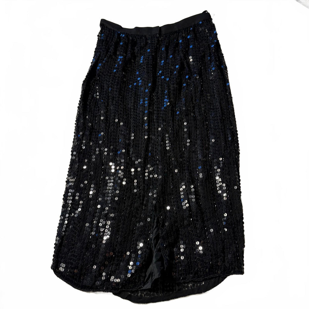 He-Ro Vintage Silk Sequin Beaded Black Midi Skirt Sz 6 90s Glam Party Formal
