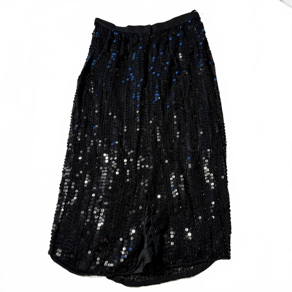 He-Ro Vintage Silk Sequin Beaded Black Midi Skirt Sz 6 90s Glam Party Formal