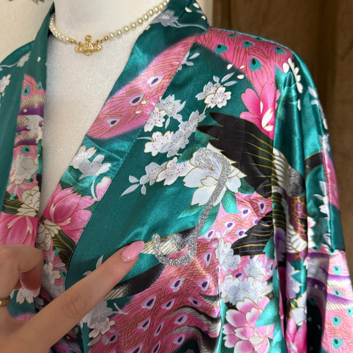 Teal Satin Kimono Robe Peacock Floral Print Belted Dressing Gown One Size