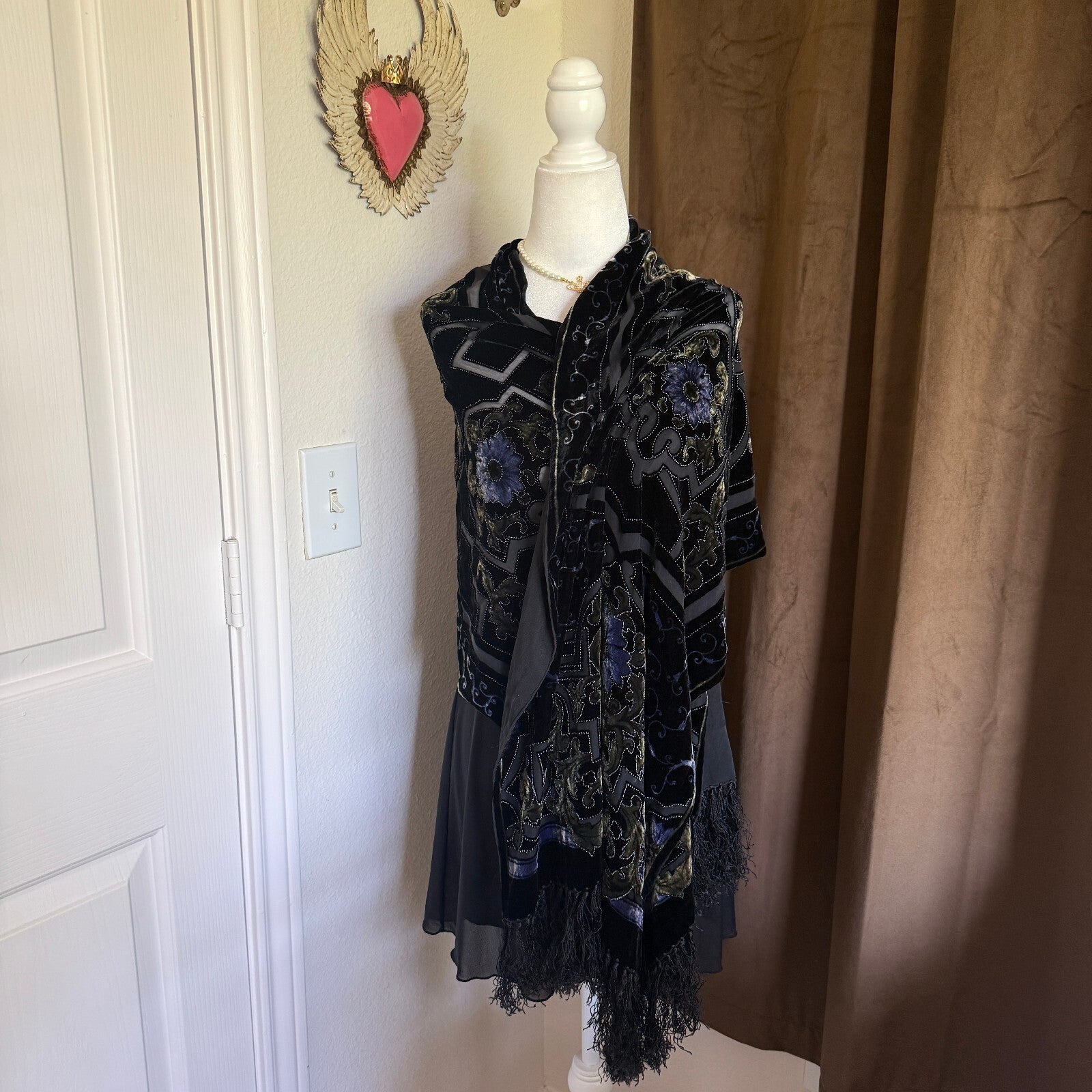 Vintage Black Velvet and Sheer Overlay Scarf with Ornate Pattern Fringe Detail