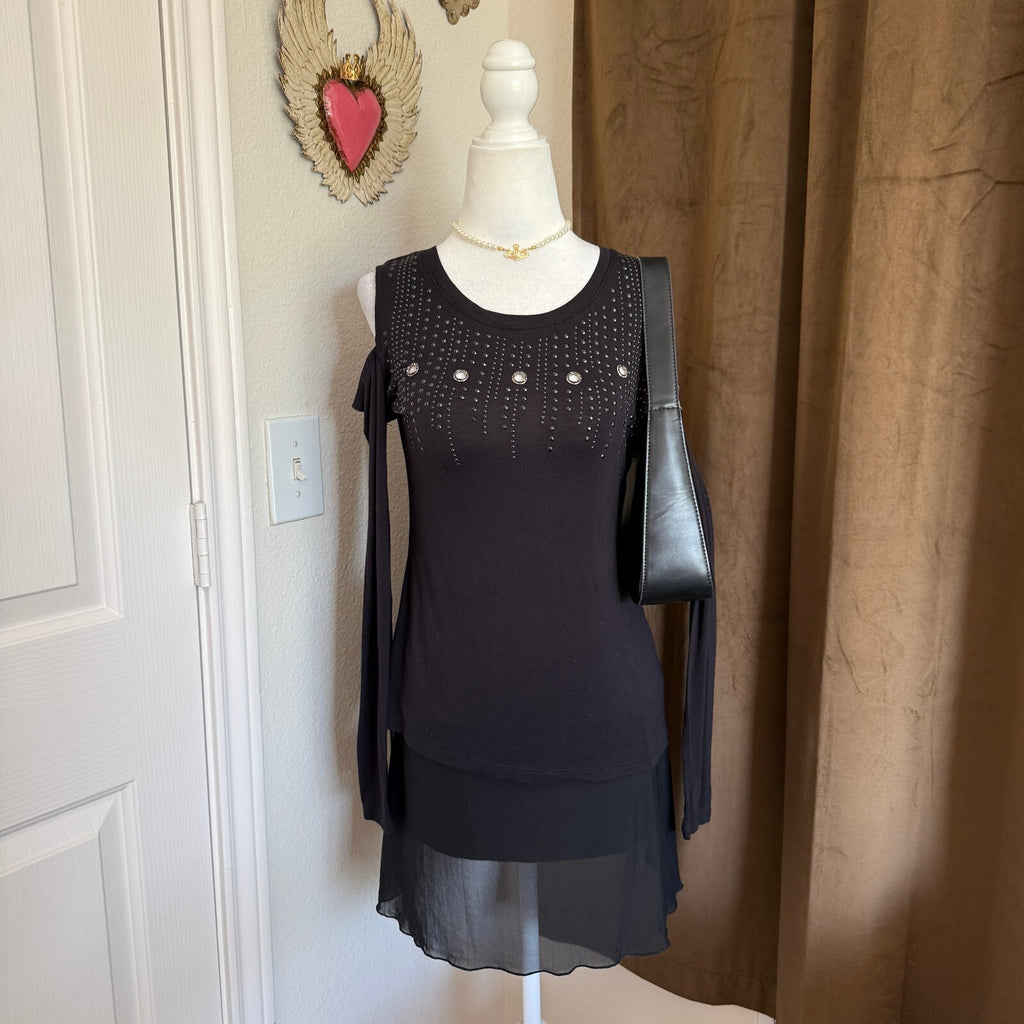 Rock & Republic Black Studded Cold Shoulder Top XS Grommet Long Sleeve