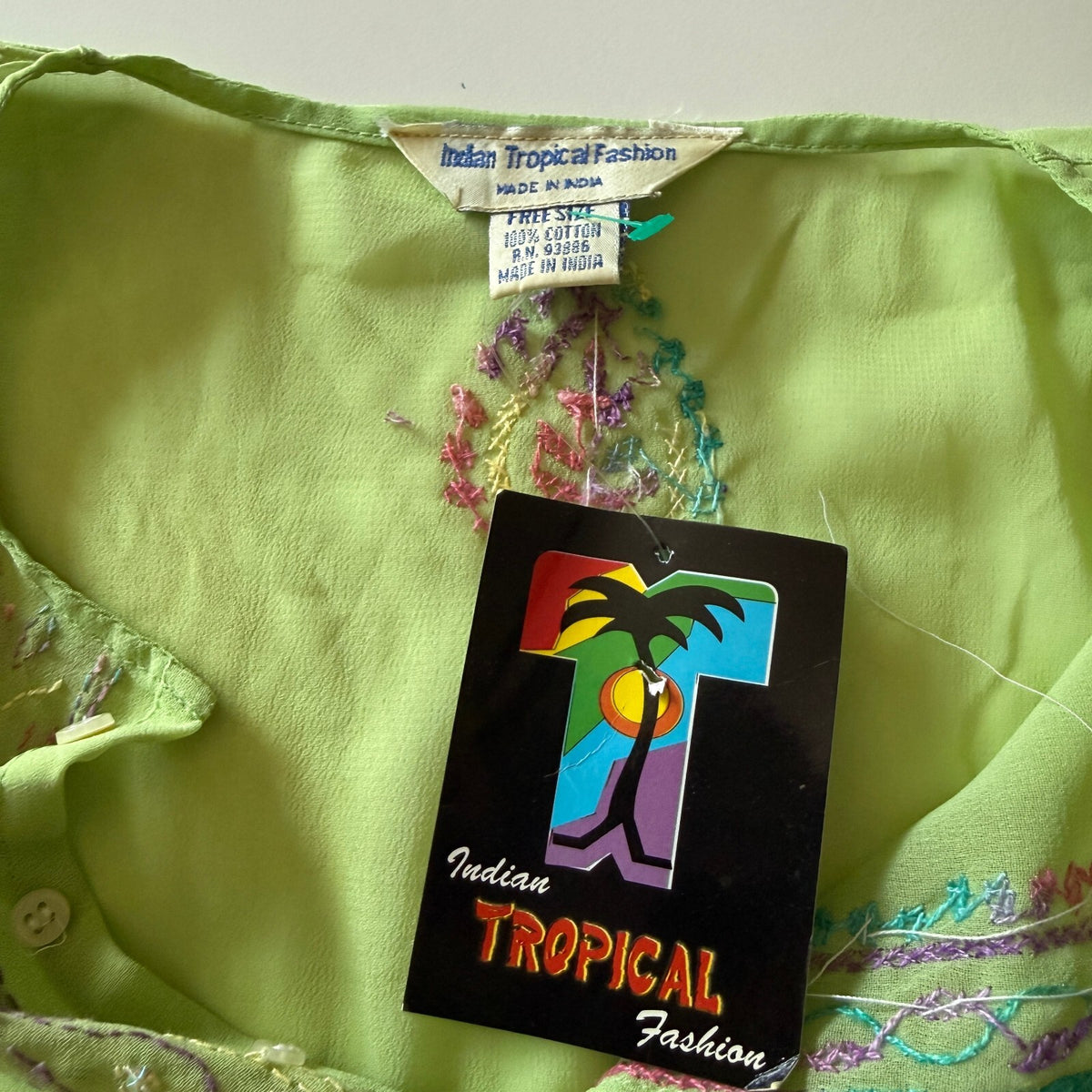 Indian Tropical Fashions New With Tags Green Sheer Tunic Beaded Floral One Size