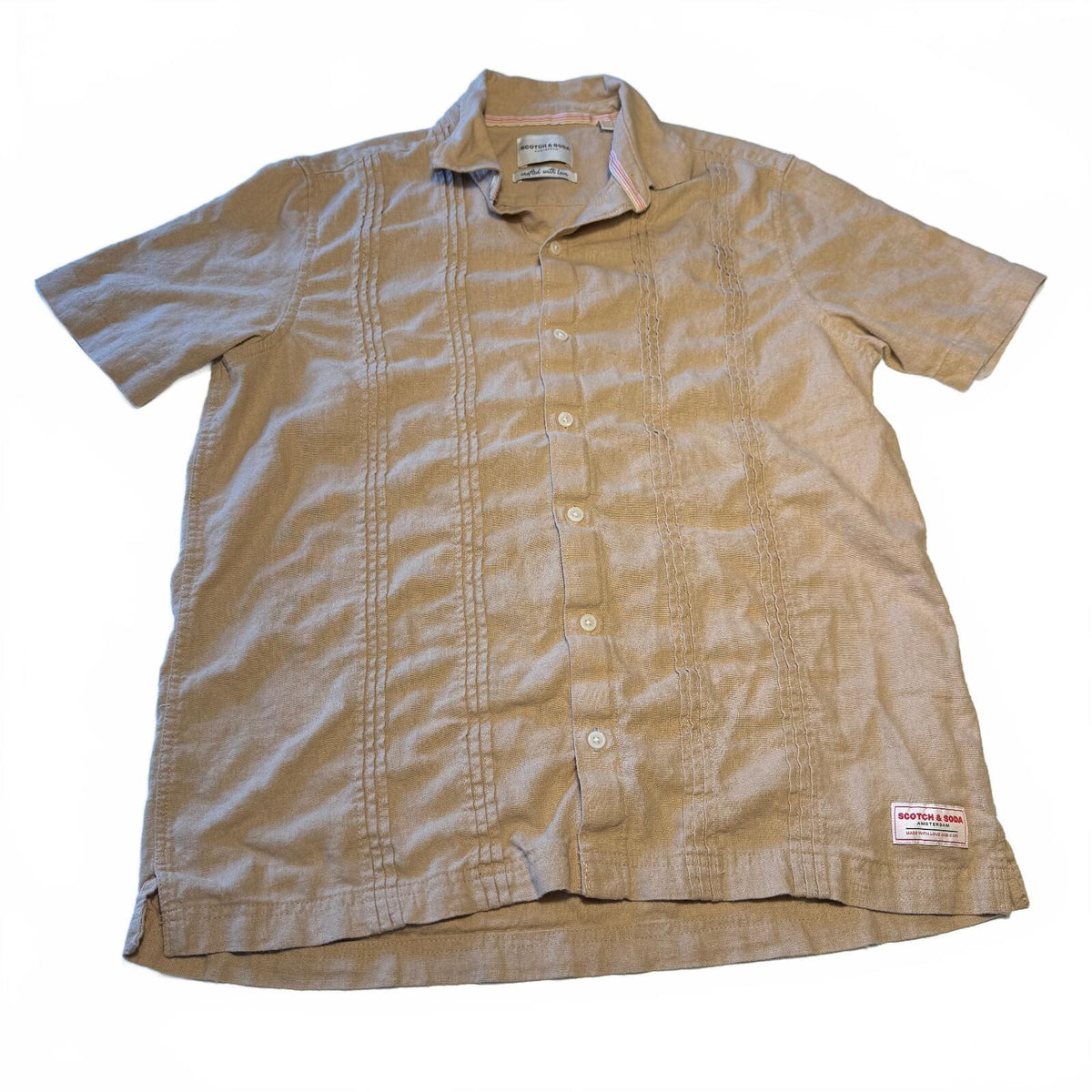 Scotch & Soda Tan Linen Blend Camp Short Sleeve Men's Button Down Sz Medium