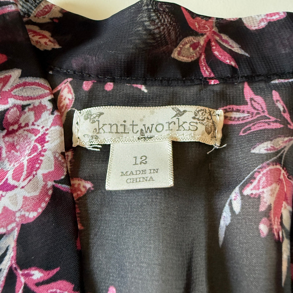 Knitworks Women's Bohemian Black and Pink Floral Sheer Kimono Cardigan Size 12