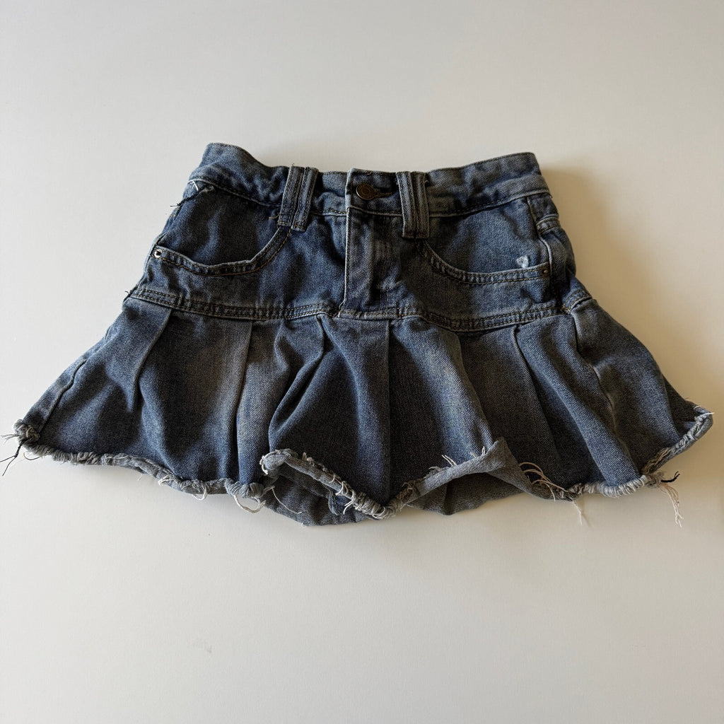 Goldtrans Denim Pleated Mini Skort Raw Frayed Hem Grunge Y2K Low Rise