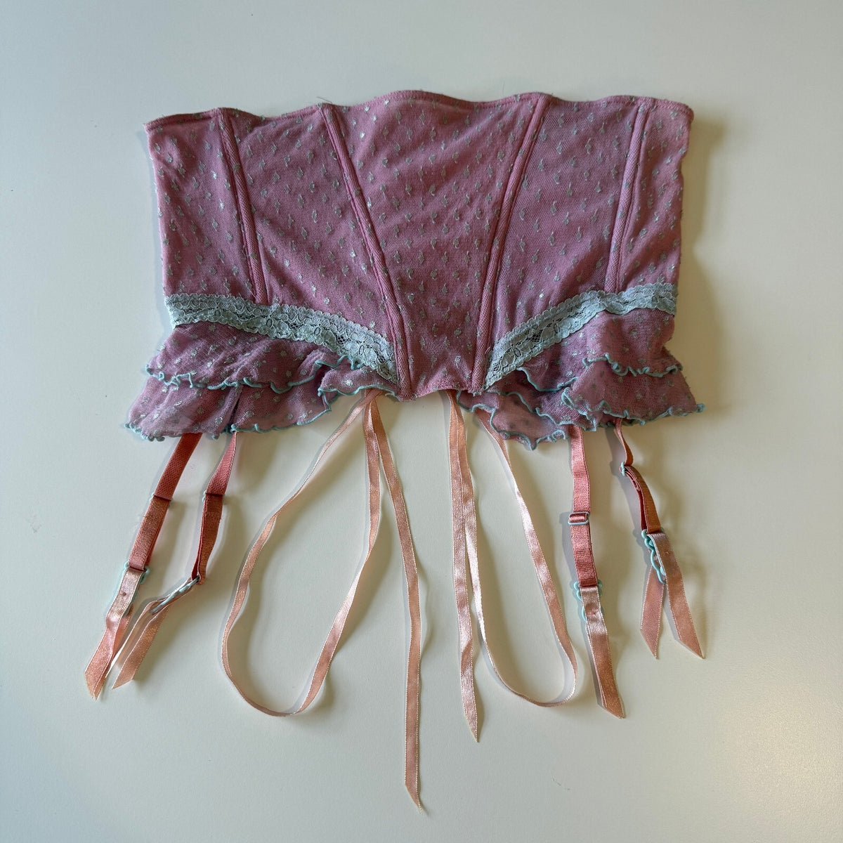 thriftalina Vintage Y2K Rampage Pink Mesh Corset Garter Belt Ruffle Coquette Lingerie