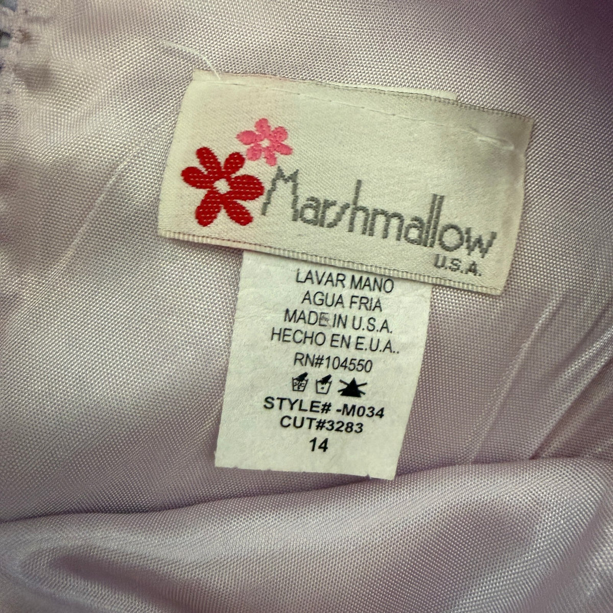 Vintage Marshmallow USA Lavender Embroidered Satin Flower Girl Dress Size 14