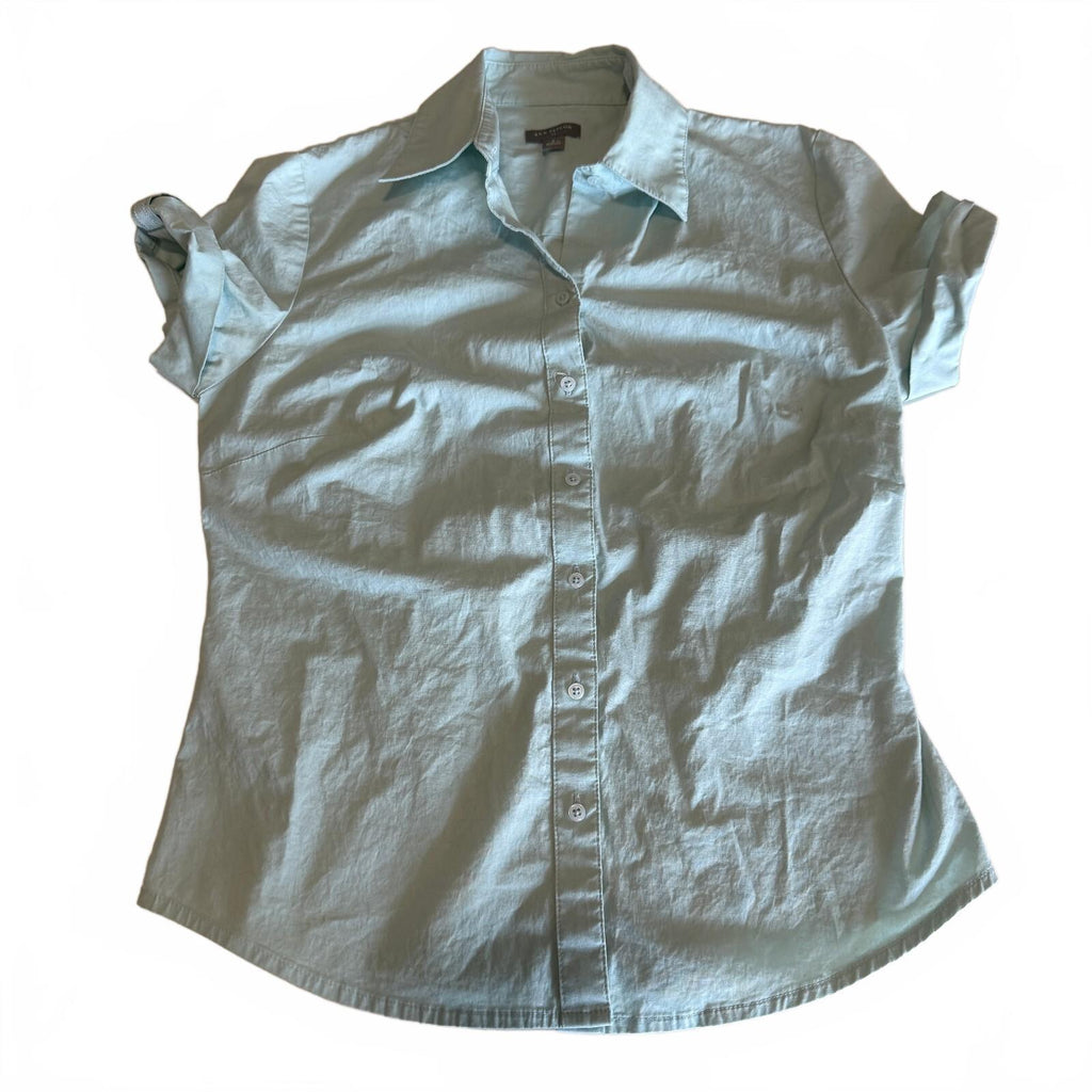 Ann Taylor Cotton Teal Women's Short Sleeve Button-up Office Siren Corporate