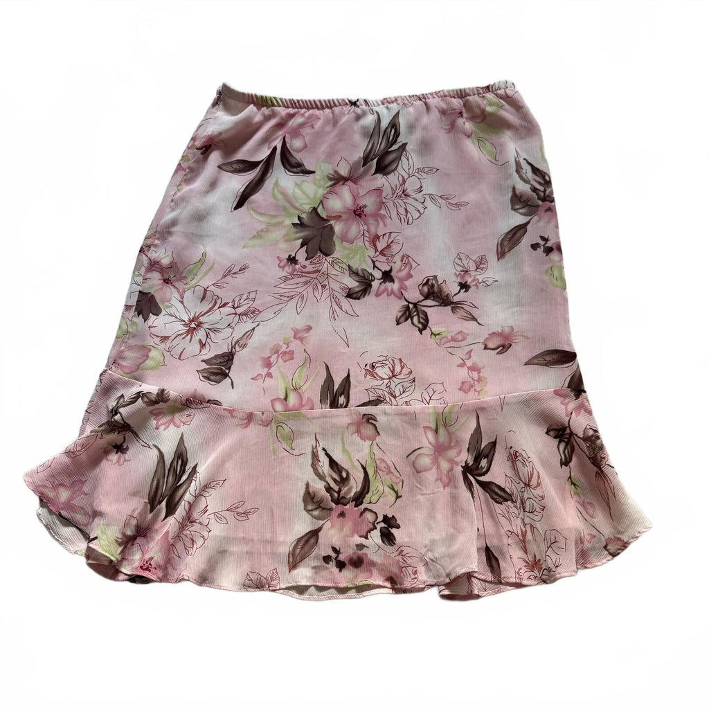 thriftalina Notations Women's Floral Print Pink Coquette Girly Ruffle Hem Skirt Size L