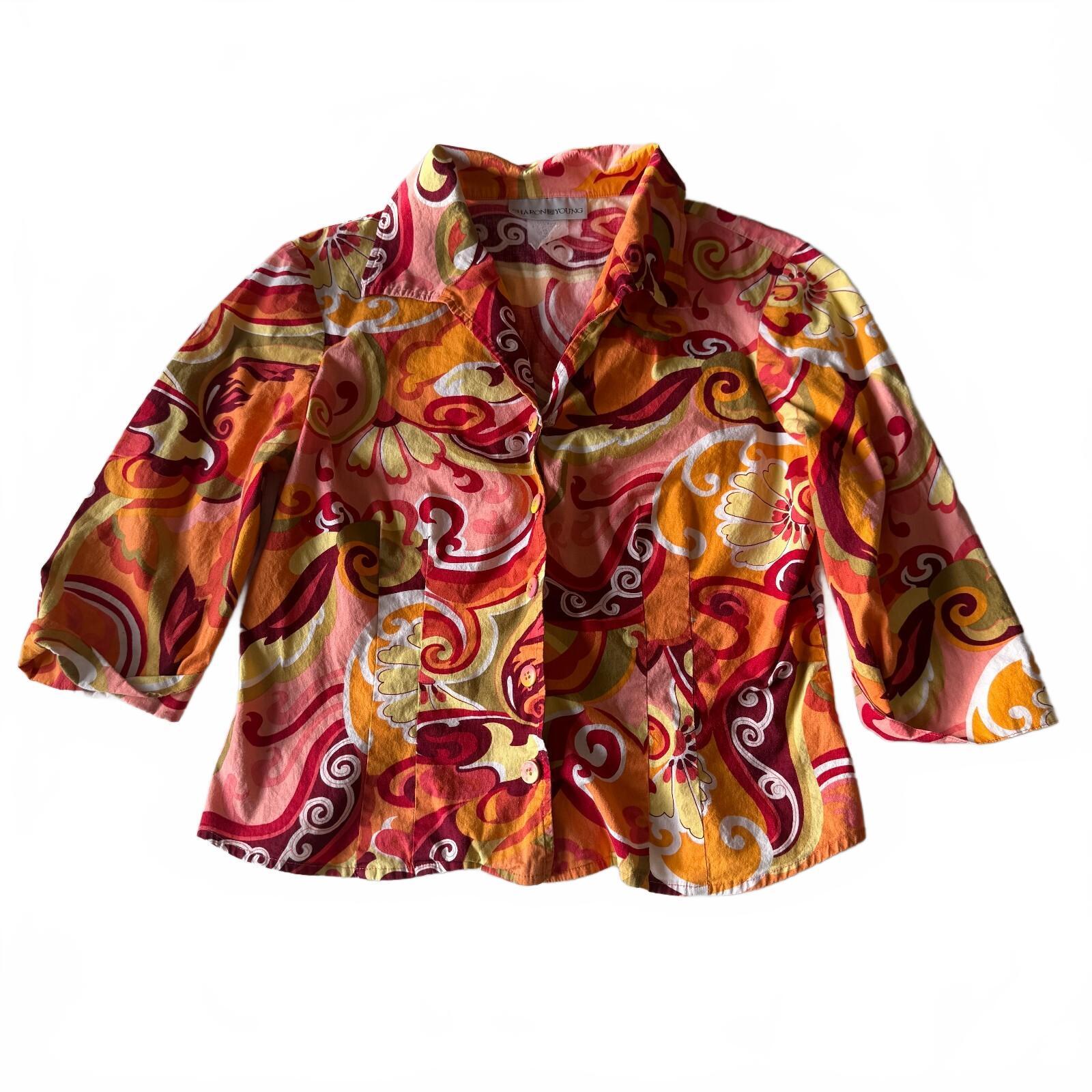 Sharon Young Vintage 1970s Style Multicolor Cotton Blend Button-Up Shirt Size 8