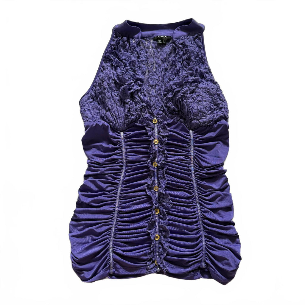 thriftalina Y2K XoXo Ruched Bodycon Sleeveless Women's Purple Top Lace Trim Button Detail