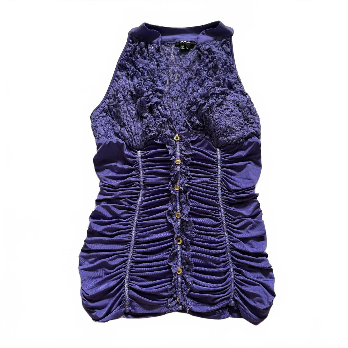 thriftalina Y2K XoXo Ruched Bodycon Sleeveless Women's Purple Top Lace Trim Button Detail