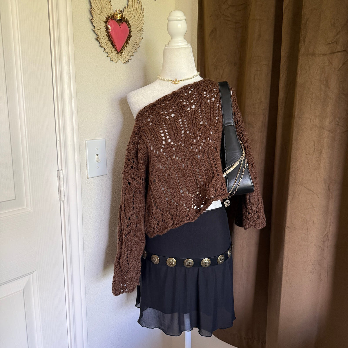 Handmade Brown Open Knit Lace Crop Sweater Slouchy Cozy Boho Cottagecore O/S