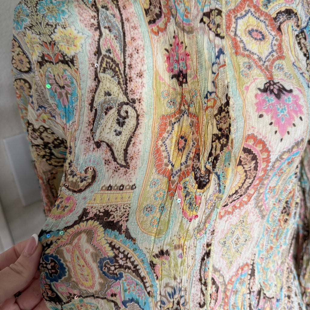 Alberto Makali Vintage-Inspired Long Sleeve Pleated Paisley Blouse in Pastel Mix