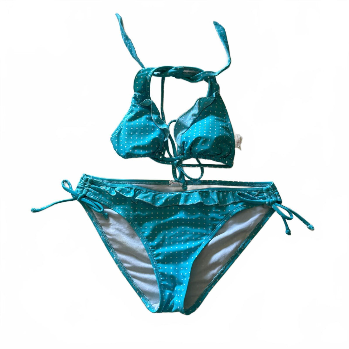 Y2K Xhilaration Blue Frilly Polka Dot Ruffled Bikini Set Size Large Coquette