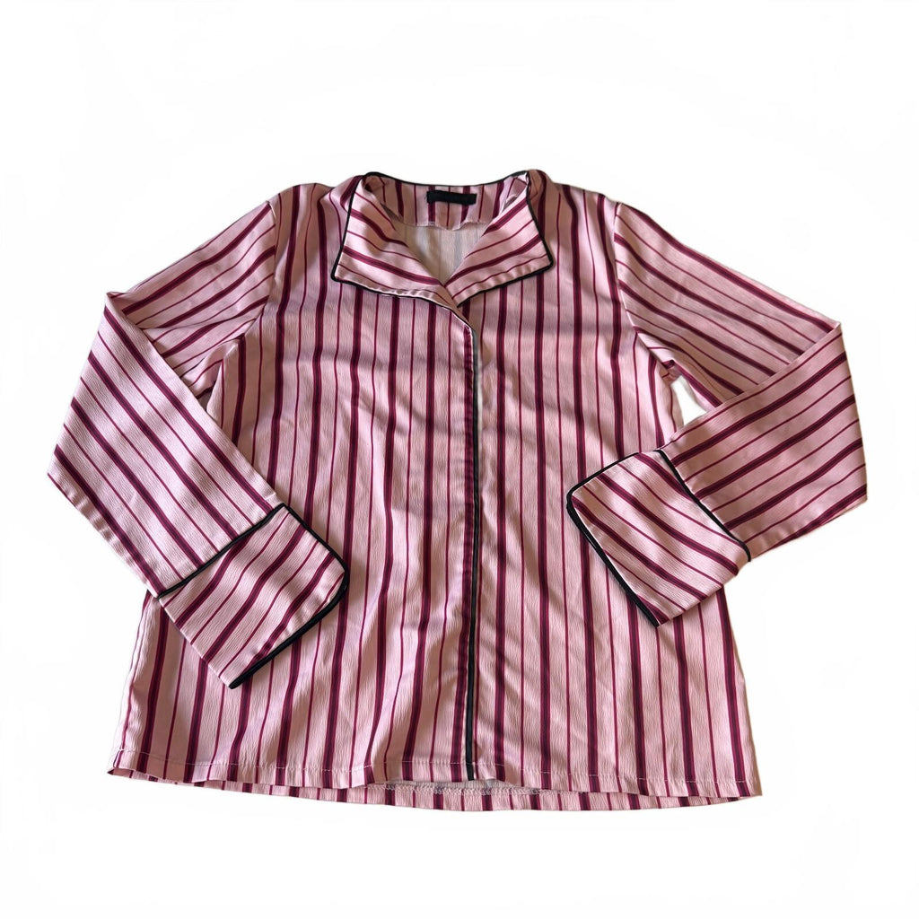 Y2K Pink Striped Satin Pajama Shirt Contrast Piping Uniqlo Jeans