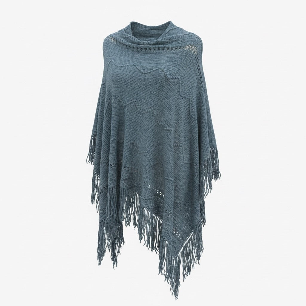 thriftalina Blue Boho Knit Poncho Cape Shawl Fringe Textured Crochet Whimsical One Size