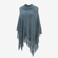 thriftalina Blue Boho Knit Poncho Cape Shawl Fringe Textured Crochet Whimsical One Size