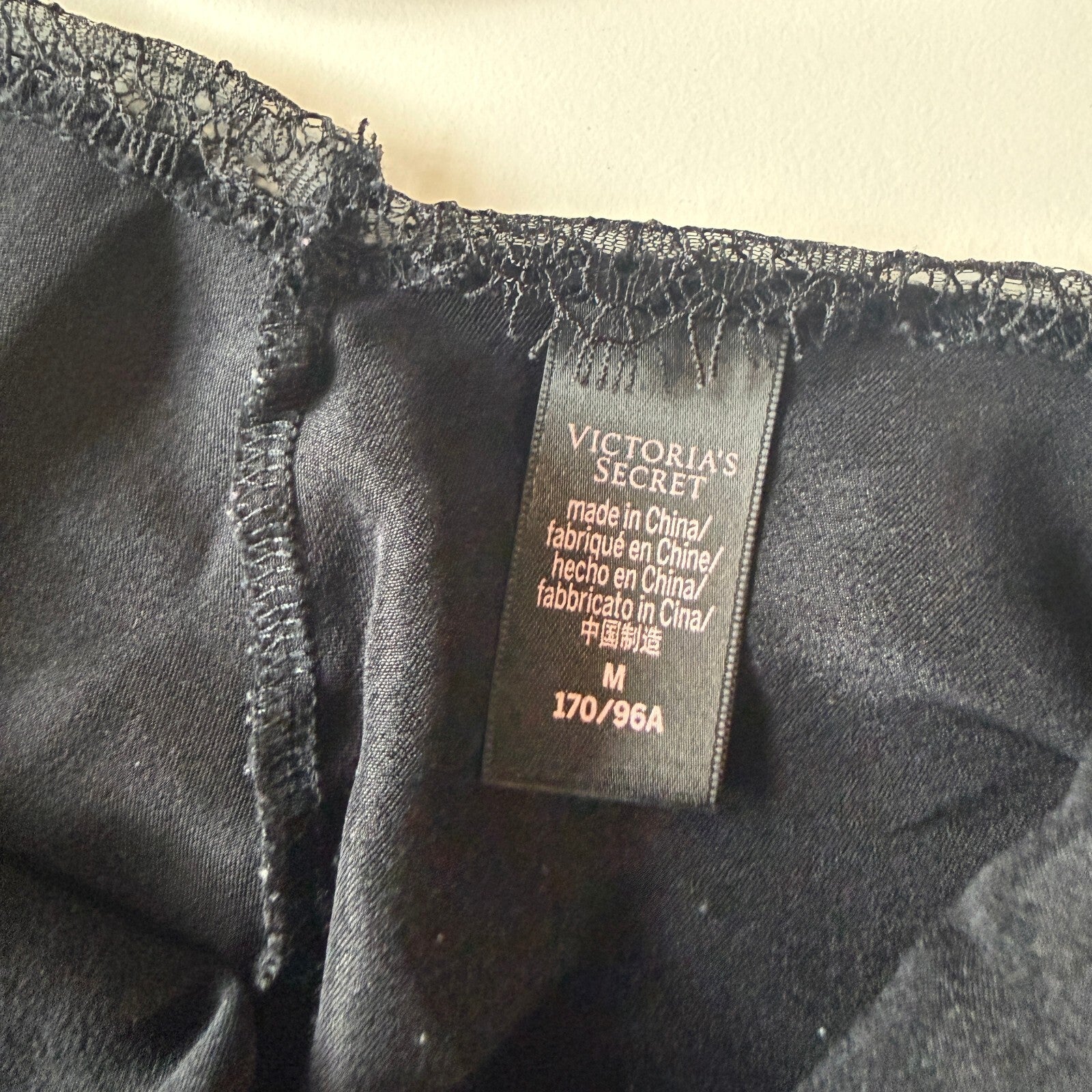Victoria's Secret Black Satin Slip Dress with Lace Trim, Size Medium