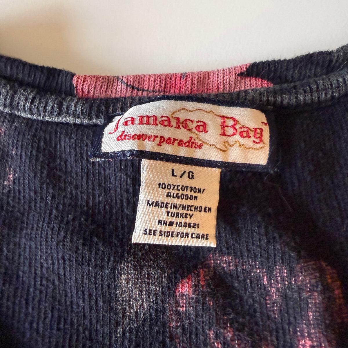 Jamaica Bay Y2K Black Floral V-Neck Long Sleeve Ribbed Top Size L Cotton