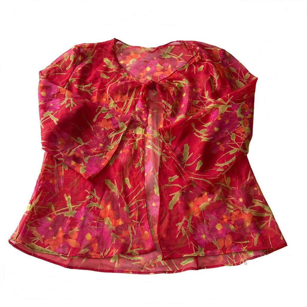 Sheer Red Pink Floral Tie-Front Kimono Top Y2K Fairycore Boho Bell Sleeve Vtg