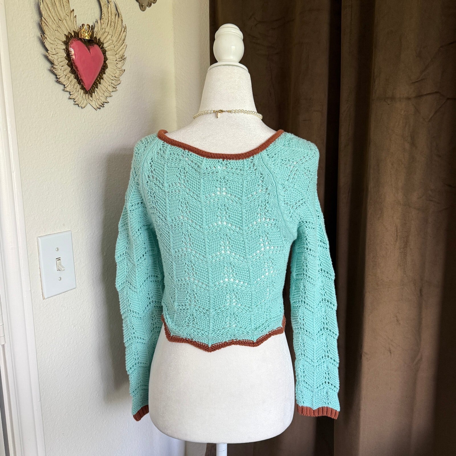 Urban Outfitters Women's Mint Green Crochet Knit Sweater with Brown Trim, Size S